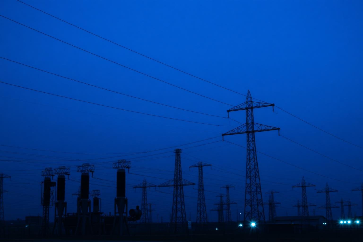 Electricity grid and substation infrastructure at dusk